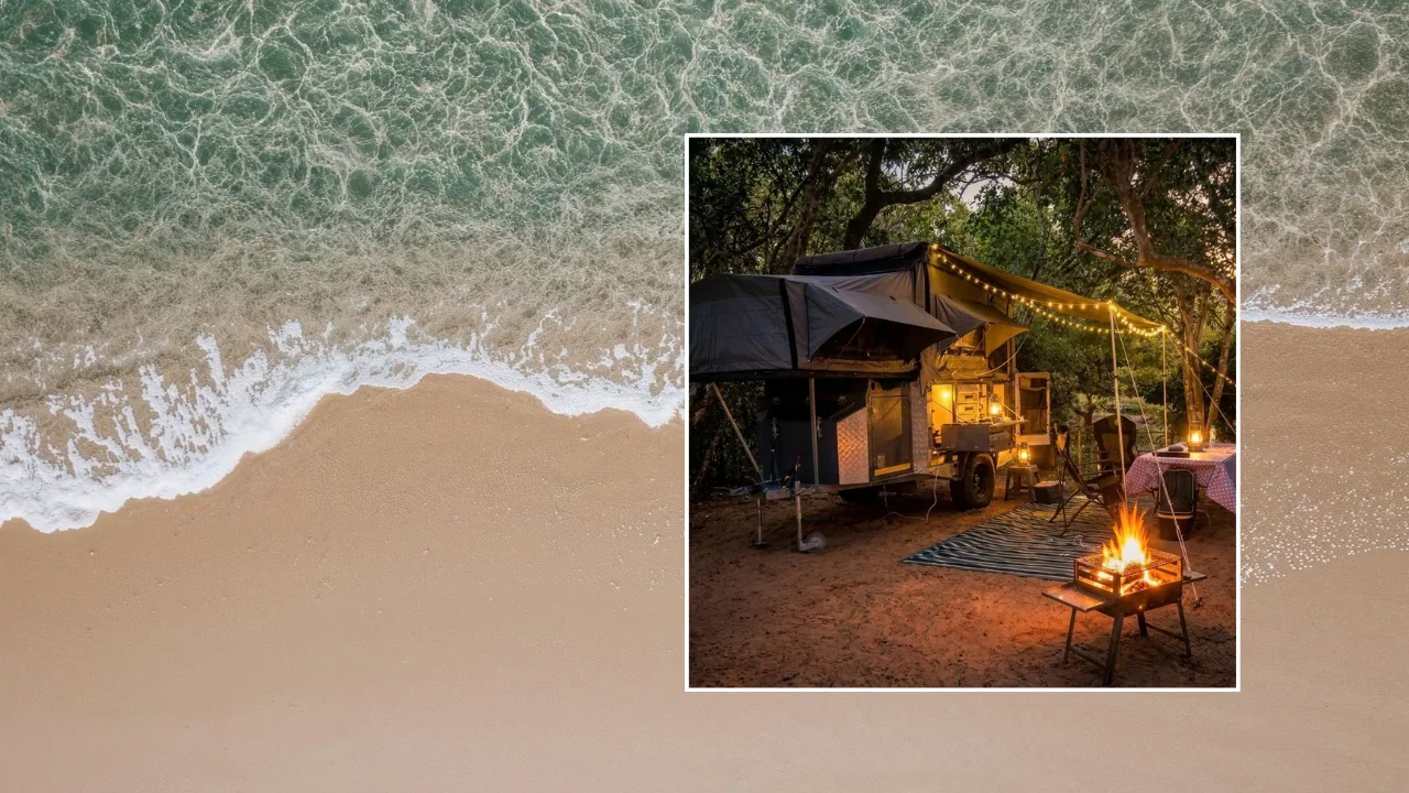 Aerial shoreline at Ponta Malongane and a Camp David campsite in the coastal bush