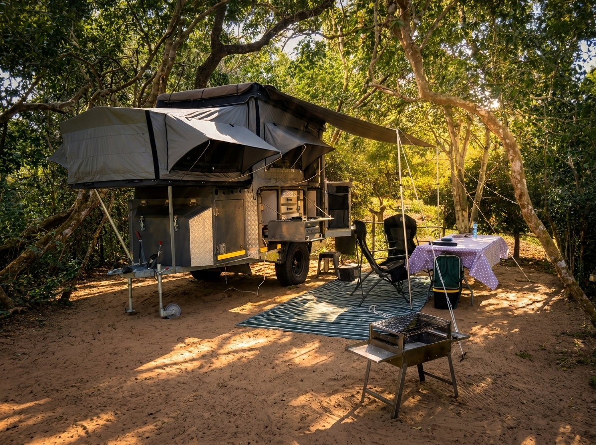A caravan set up on a shaded bush campsite at Camp David